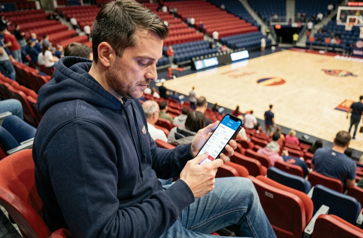 Homme consultant une application de billets de basket sur son smartphone dans un stade de New York