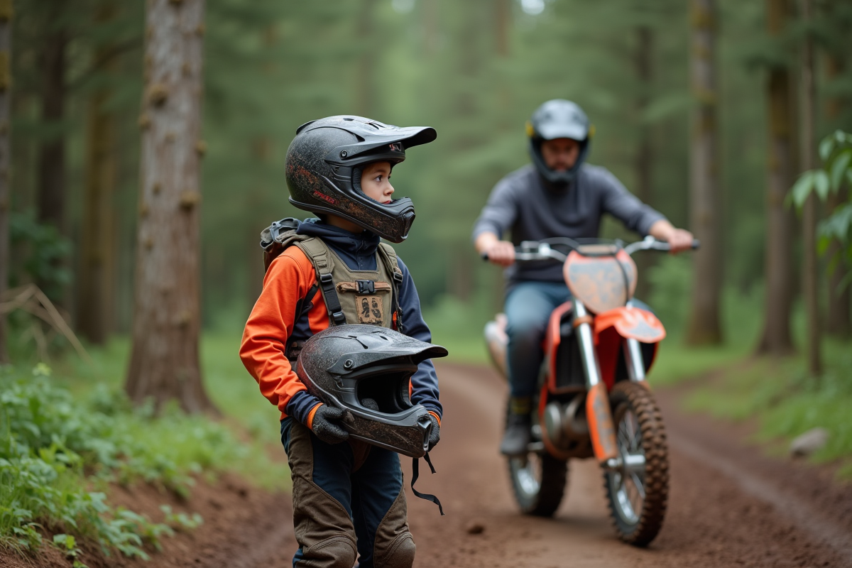 Adolescent en équipement motocross avec moto en forêt