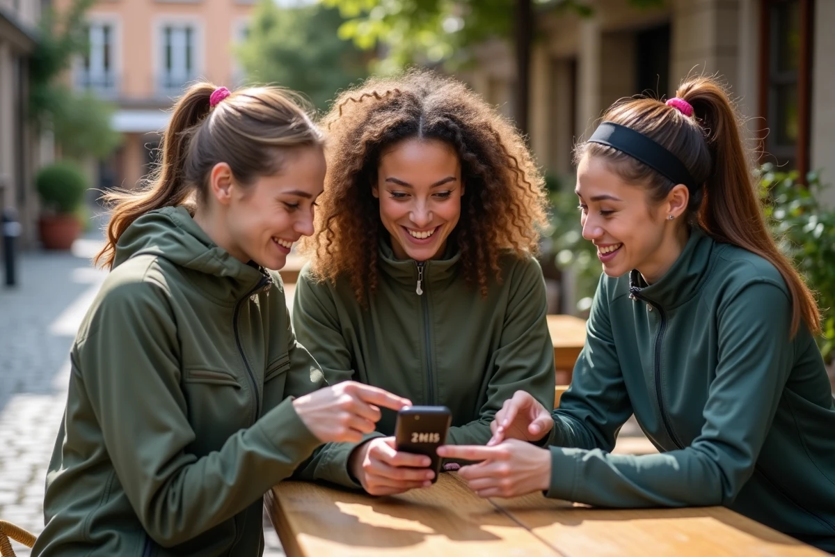 Groupe d'amis consultant une application de comptage de pas et de conversion en kilomètres sur smartphone lors d'un défi sportif en terrasse