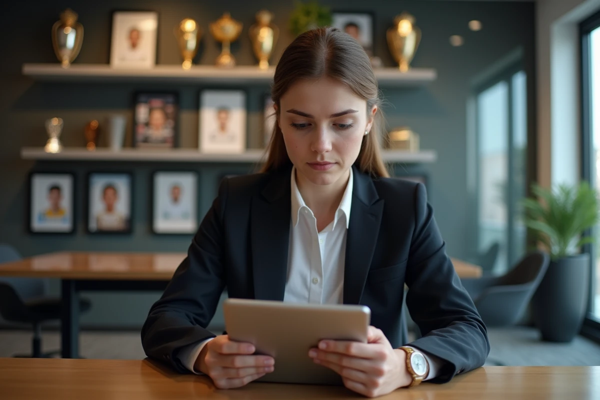 Jeune femme analyste sportive analysant des profils sur une tablette