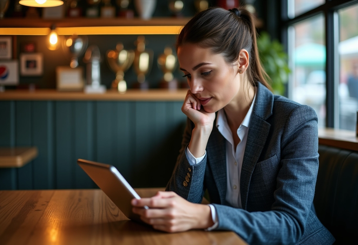 Analyste sportive regardant une tablette dans un café moderne