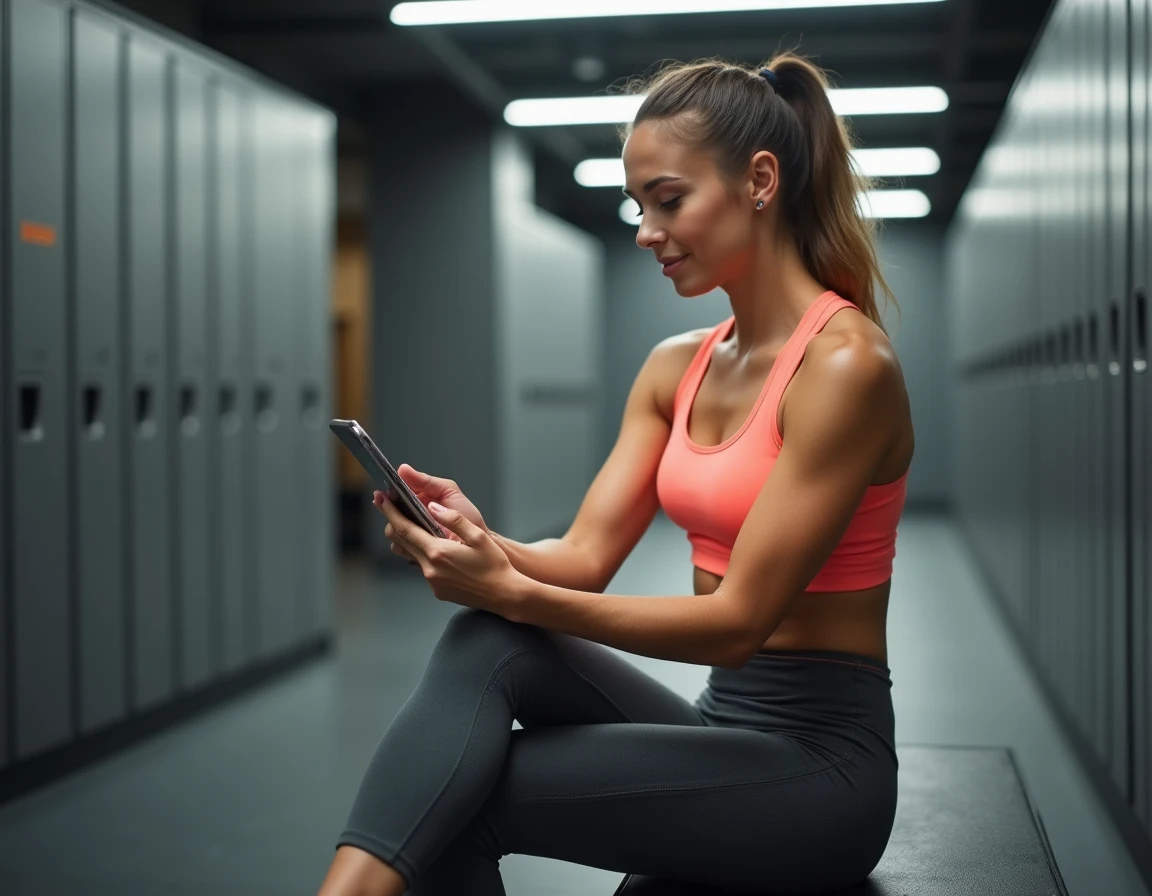 Femme consultant son application fitness pour choisir un abonnement Basic-Fit d'un mois sans engagement