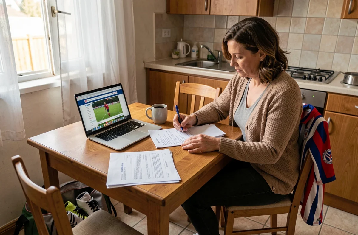 Femme arbitre de football préparant ses documents de remboursement et planning de match à son domicile