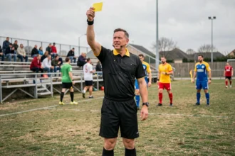 Arbitre de football amateur brandissant un carton jaune lors d'un match de week-end dans un stade municipal