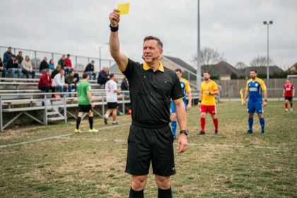 Arbitre de football amateur brandissant un carton jaune lors d'un match de week-end dans un stade municipal