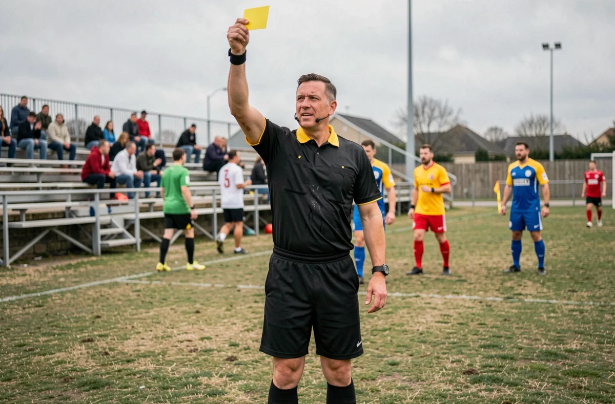 Arbitre de football amateur brandissant un carton jaune lors d'un match de week-end dans un stade municipal