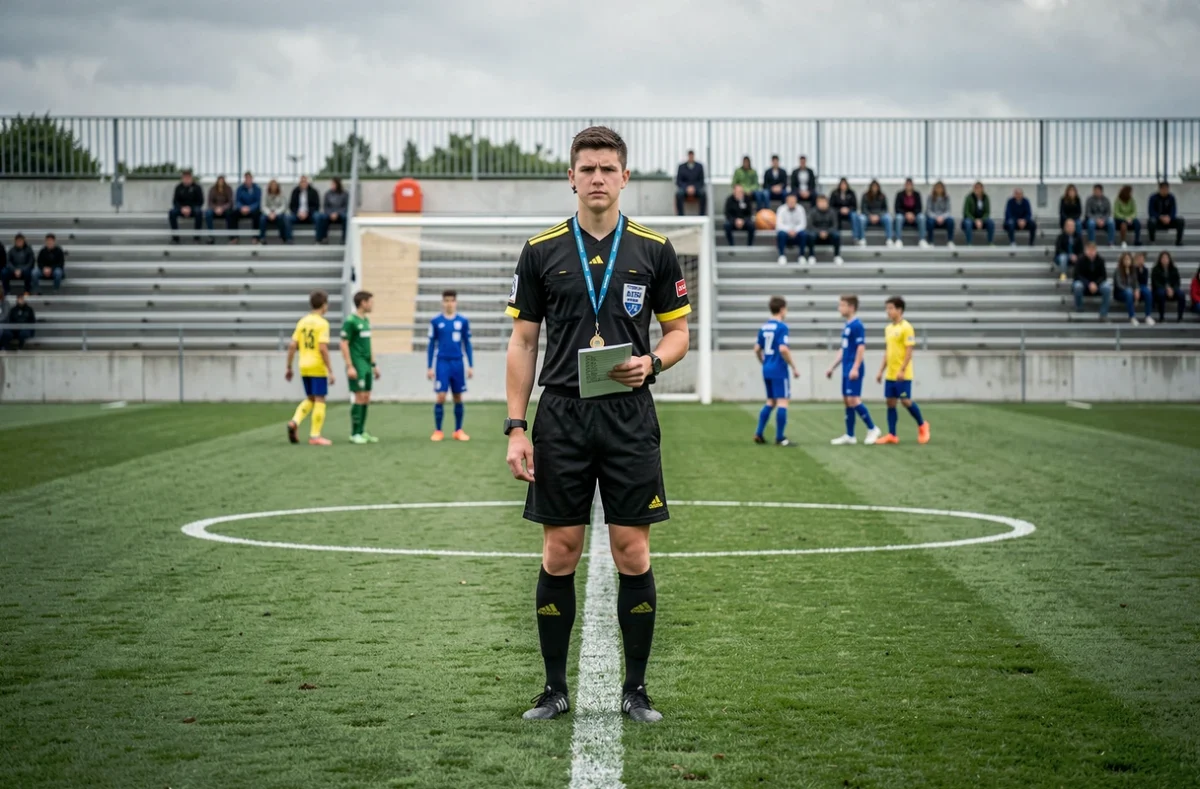 Arbitre officiel du district de l'Hérault supervisant un match de football pour jeunes joueurs sur un terrain municipal