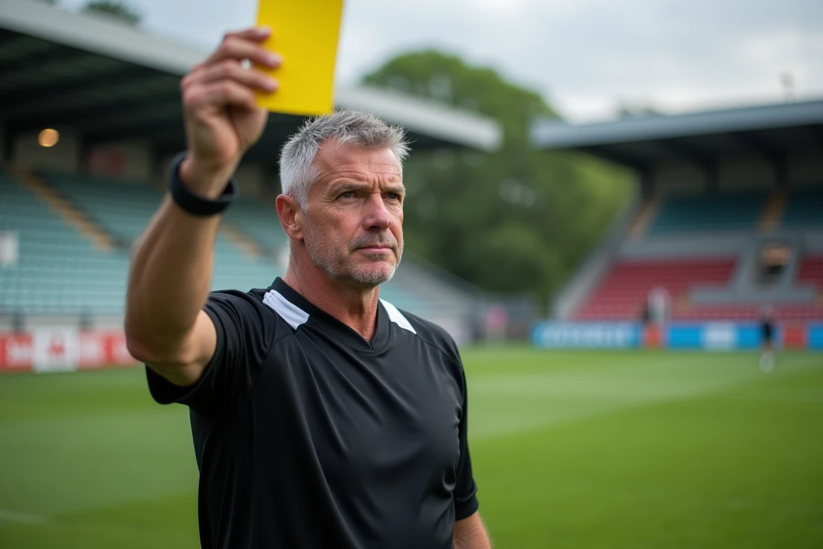 Arbitre de rugby brandissant un carton jaune lors d'un match de Fédérale 2 poule 4 dans un stade régional français