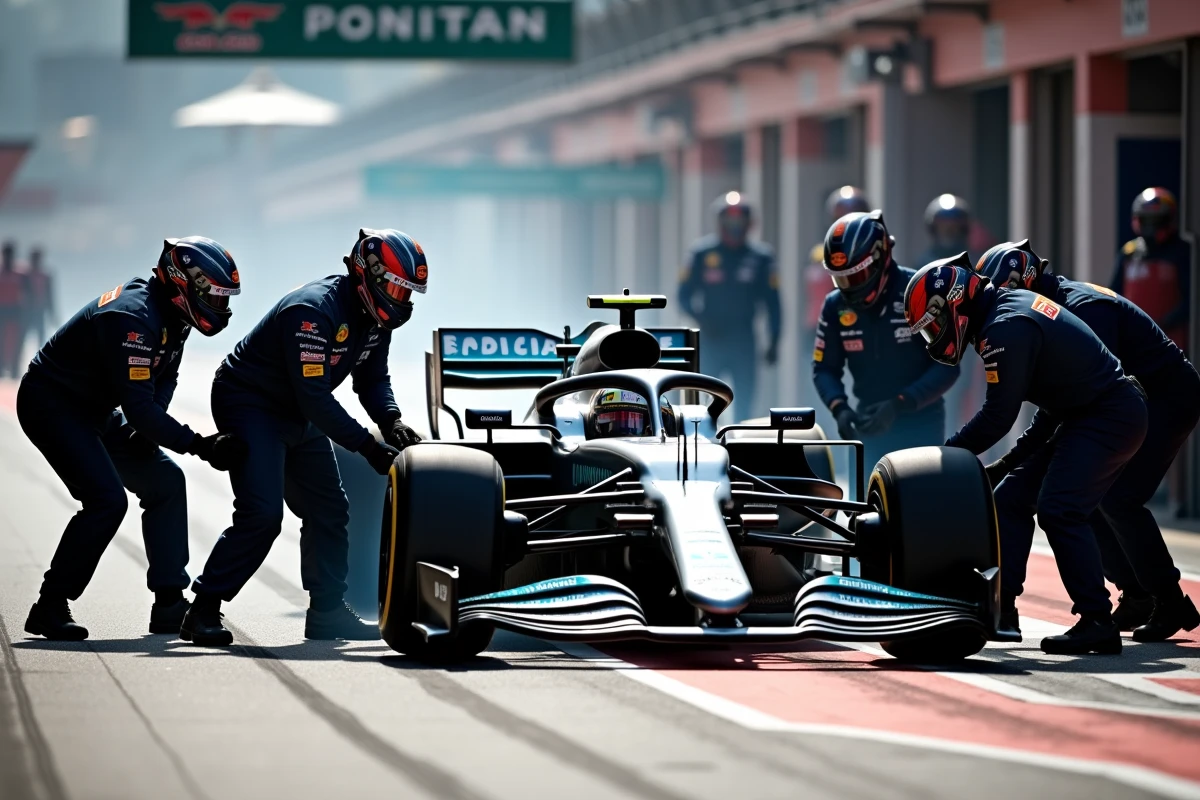 Équipe de mécaniciens F1 réalisant un arrêt au stand express pour une voiture du milieu de grille en 2026