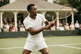 Arthur Ashe en pleine action sur un court de tennis en herbe, incarnant la puissance et la détermination d'un champion légendaire
