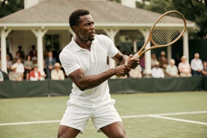 Arthur Ashe en pleine action sur un court de tennis en herbe, incarnant la puissance et la détermination d'un champion légendaire