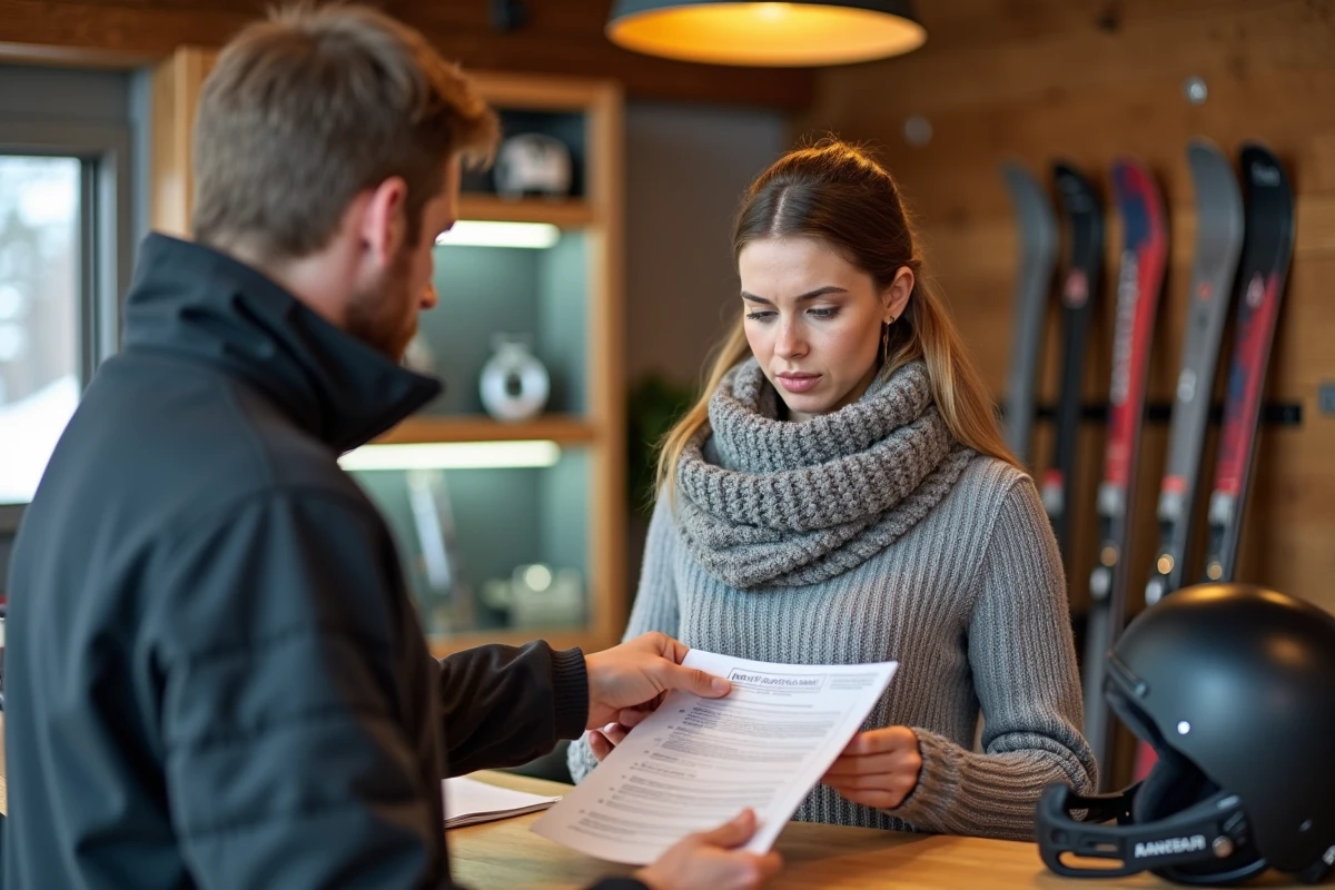Femme consultant un contrat d'assurance pour la location de skis au comptoir d'un magasin de sport en montagne