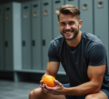 Jeune athlète souriant avec orange en main