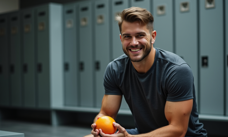Jeune athlète souriant avec orange en main