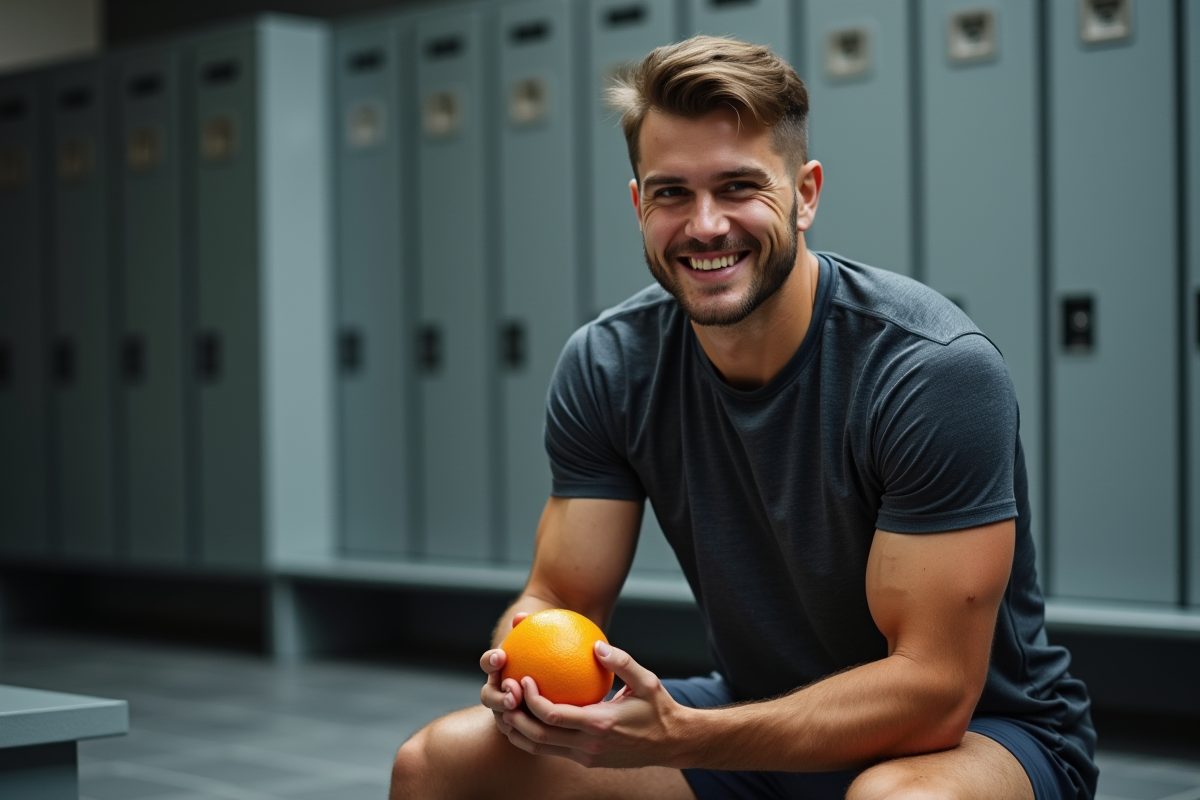Jeune athlète souriant avec orange en main