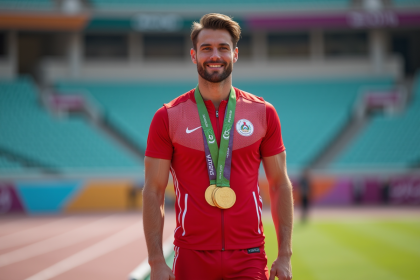 Athlète masculin avec médailles sur un podium olympique