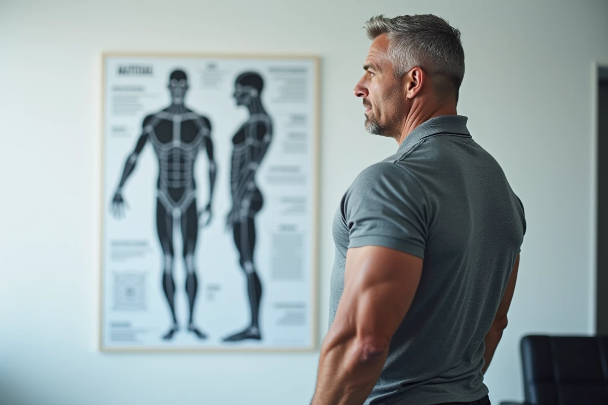 Athlète musclé étudiant un tableau anatomique de mensurations corporelles dans un laboratoire sportif, en référence aux statistiques physiques de catcheurs comme The Rock, Schwarzenegger et Cena