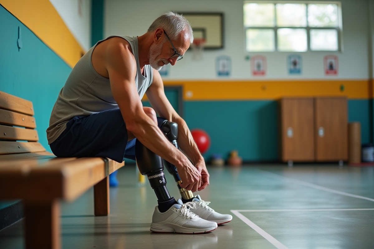 Homme paraplégique attachant ses chaussures dans une salle de sport