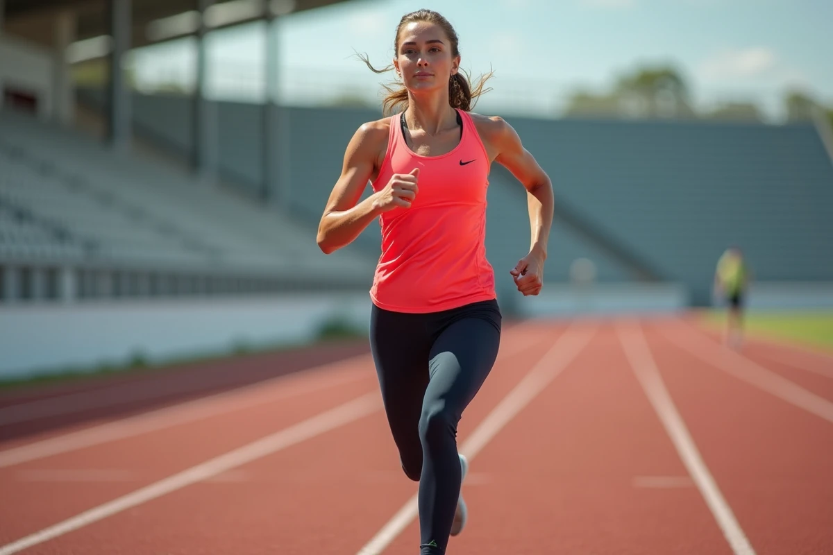 Athlète féminine en plein effort sur une piste d'athlétisme lors d'un entraînement de vitesse mesuré en km/h et en min/km