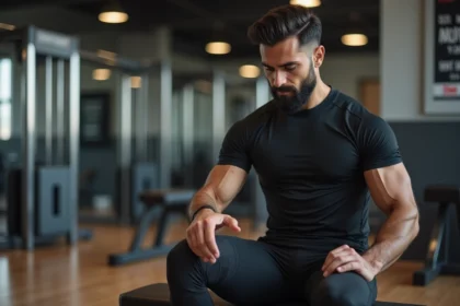 Athlète en récupération avec genou en brace dans une salle de sport