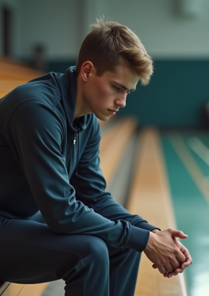 Jeune athlète en réflexion dans un gymnase