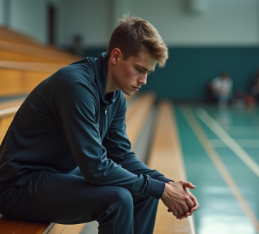 Jeune athlète en réflexion dans un gymnase