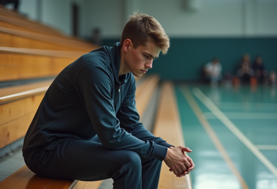 Jeune athlète en réflexion dans un gymnase