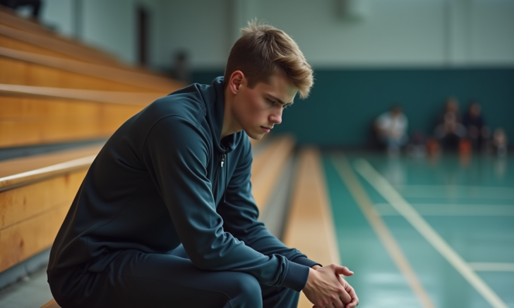 Jeune athlète en réflexion dans un gymnase