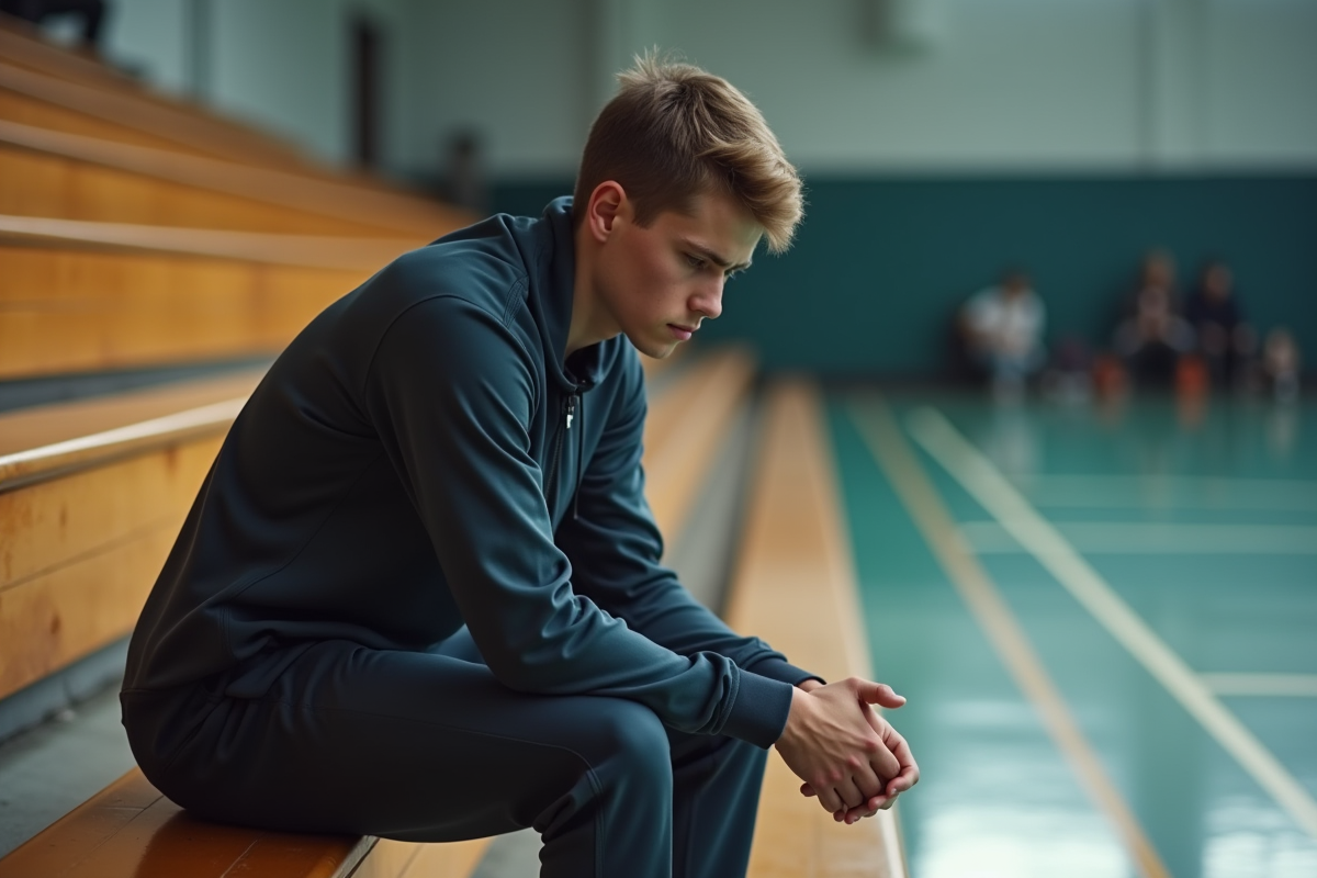 Jeune athlète en réflexion dans un gymnase