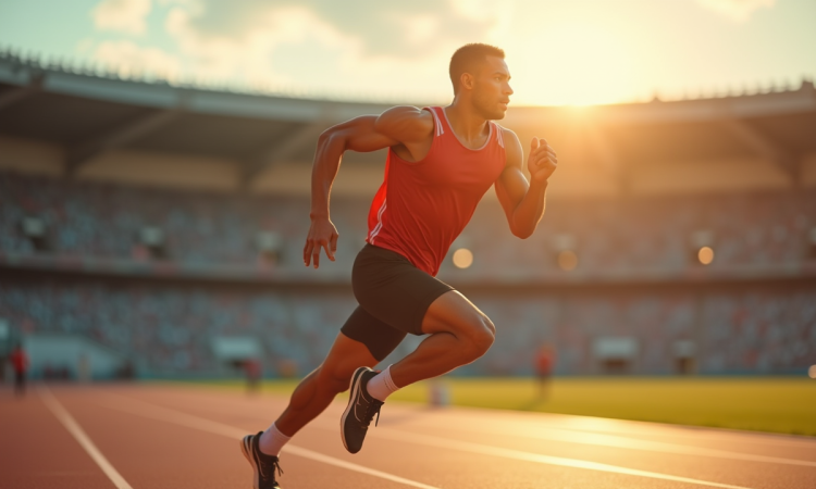 Sprinteur déterminé sur piste de stade en pleine course