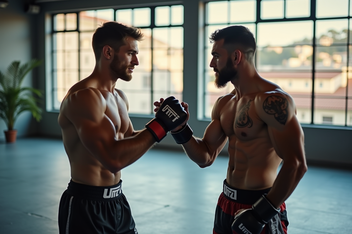Deux combattants MMA se saluant dans un dojo lumineux avec vue sur Mille