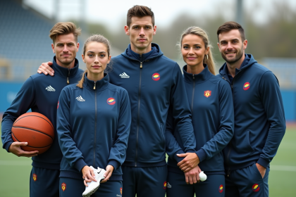 Groupe d'athletes en tenue nationale sur un terrain sportif