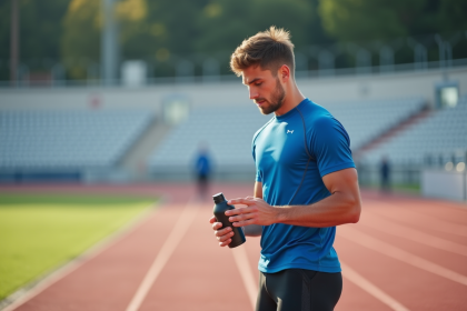 Jeune athlète homme en pause avec boisson sportive sur piste