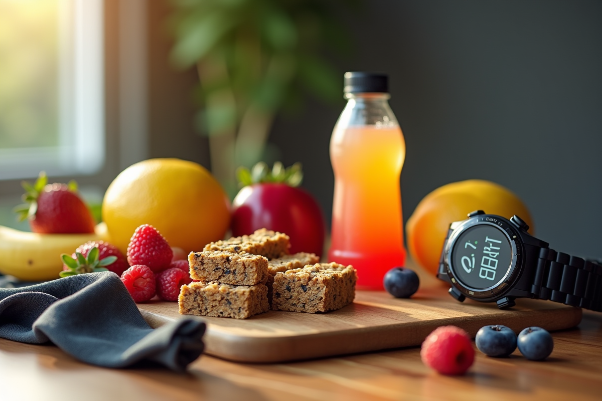 Barres énergétiques colorées et fruits frais sur une table en bois