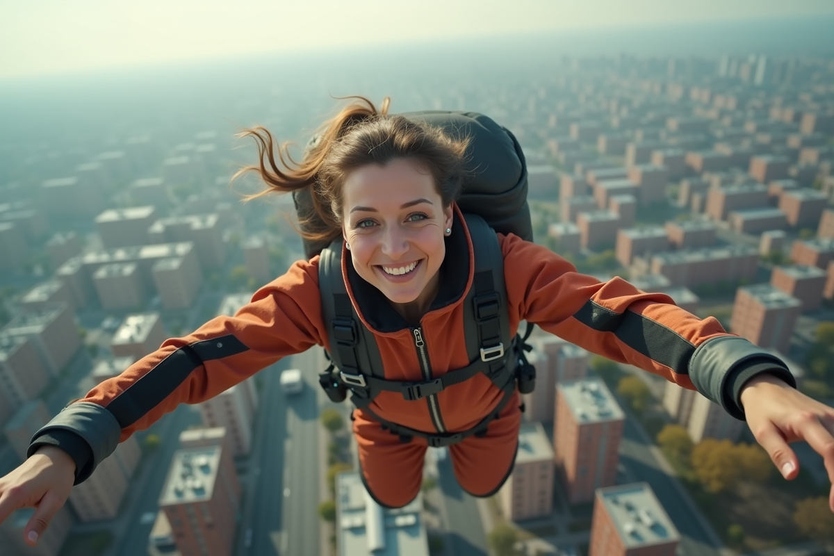 Femme base jumper en saut depuis un toit urbain en plein vol