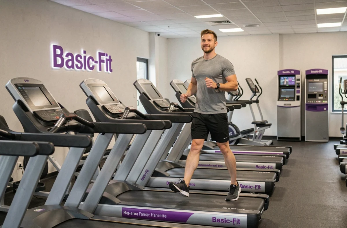 Intérieur d'une salle Basic-Fit à Strasbourg avec machines de cardio et accès en continu
