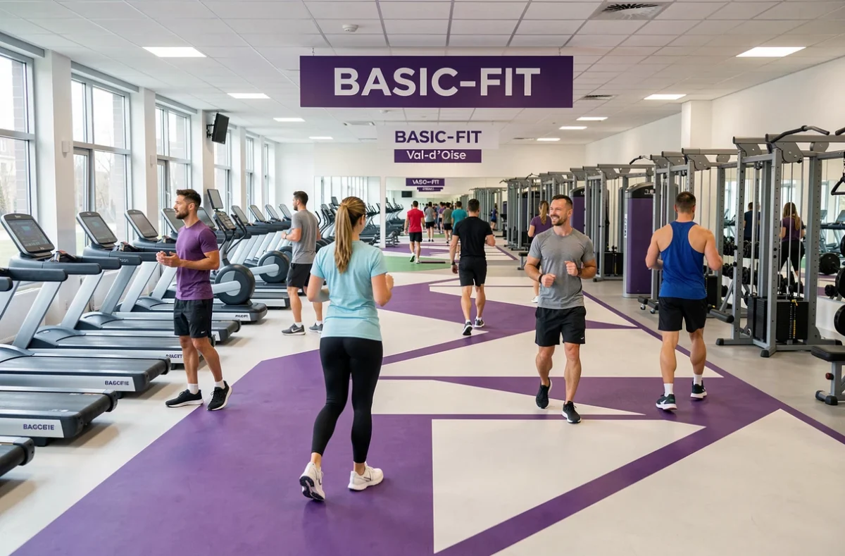 Salle Basic-Fit dans le Val-d'Oise avec ses équipements modernes aux couleurs violettes caractéristiques de l'enseigne