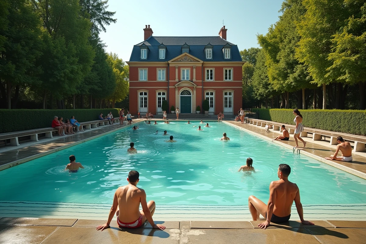 Bassin extérieur de la piscine Butte aux Cailles à Paris 13 entouré d'arbres et de la façade historique en brique rouge