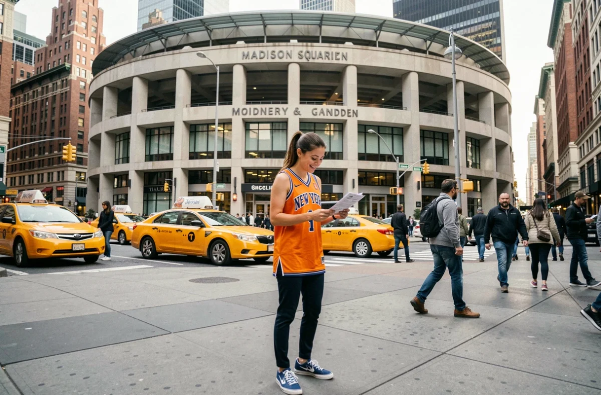 Femme tenant des billets de match de basket devant le Madison Square Garden à New York