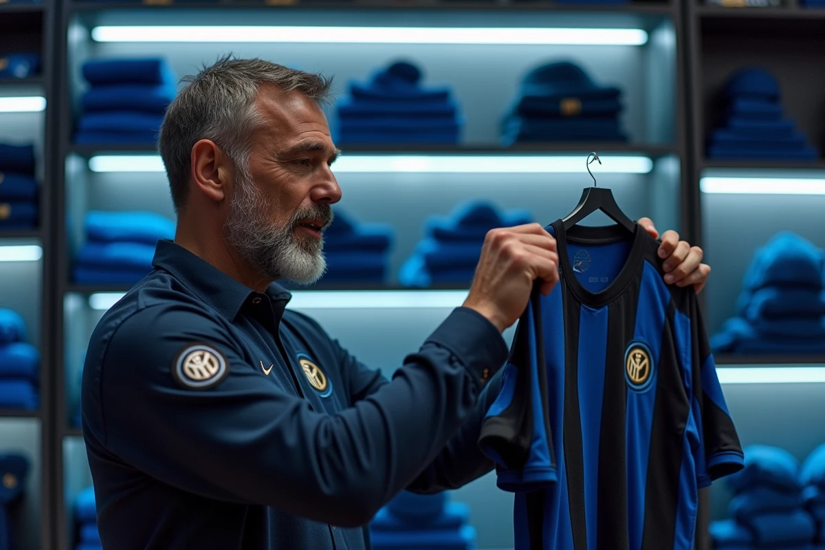 Homme découvrant les maillots officiels de l'Inter Milan dans la boutique du club à Milan