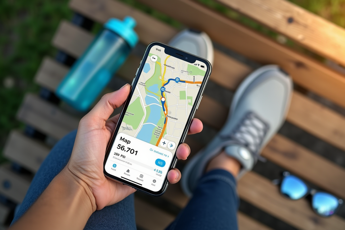 Vue de dessus d une application de marche sur smartphone avec accessoires