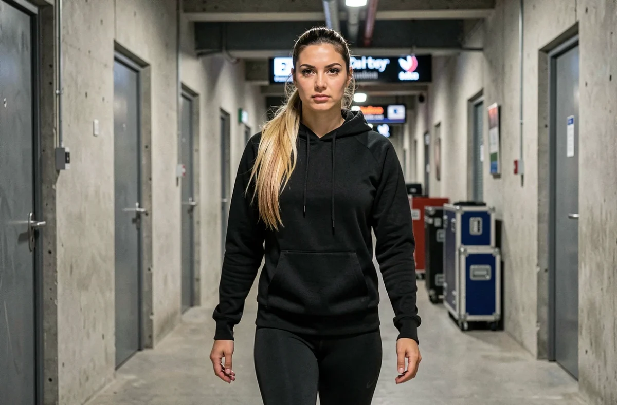 Catcheuse marchant dans les couloirs d'un stade en tenue d'entraînement, évoquant le parcours des coulisses vers la gloire de WrestleMania