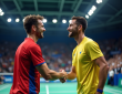 Champions européens de badminton se serrant la main sur le court
