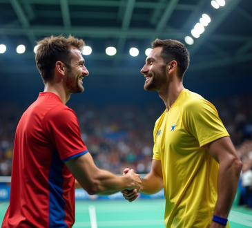 Champions européens de badminton se serrant la main sur le court