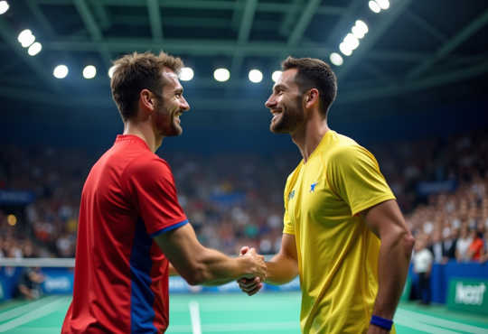 Champions européens de badminton se serrant la main sur le court