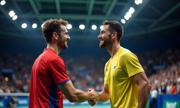 Champions européens de badminton se serrant la main sur le court