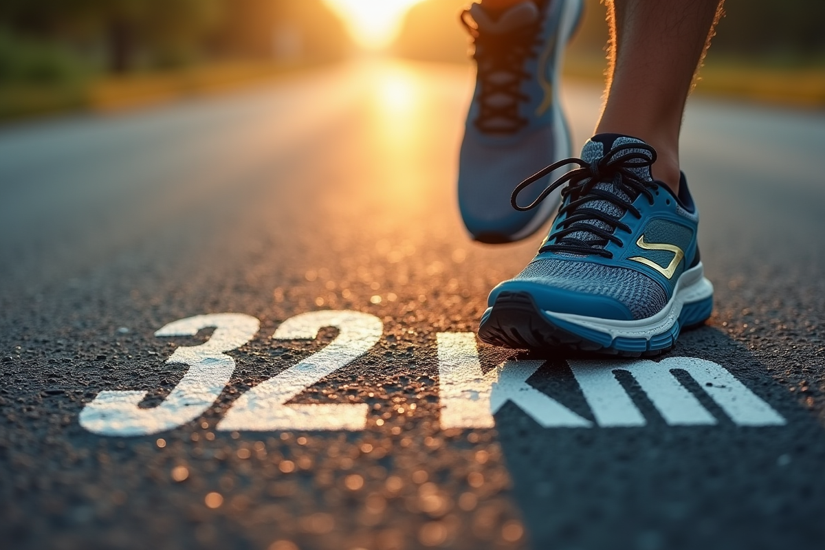 Chaussure de course passant sur un marquage 32 km sur l