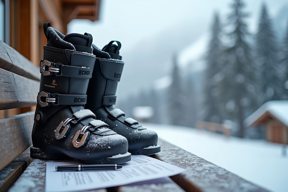 Chaussures de ski de location et contrat de location posés sur un banc en bois enneigé devant un chalet de montagne