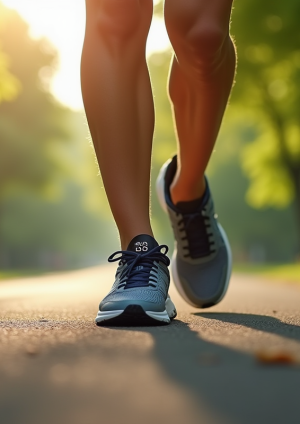 Chaussures de sport marche dans un parc au matin avec montre connectée