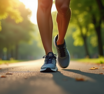 Chaussures de sport marche dans un parc au matin avec montre connectée